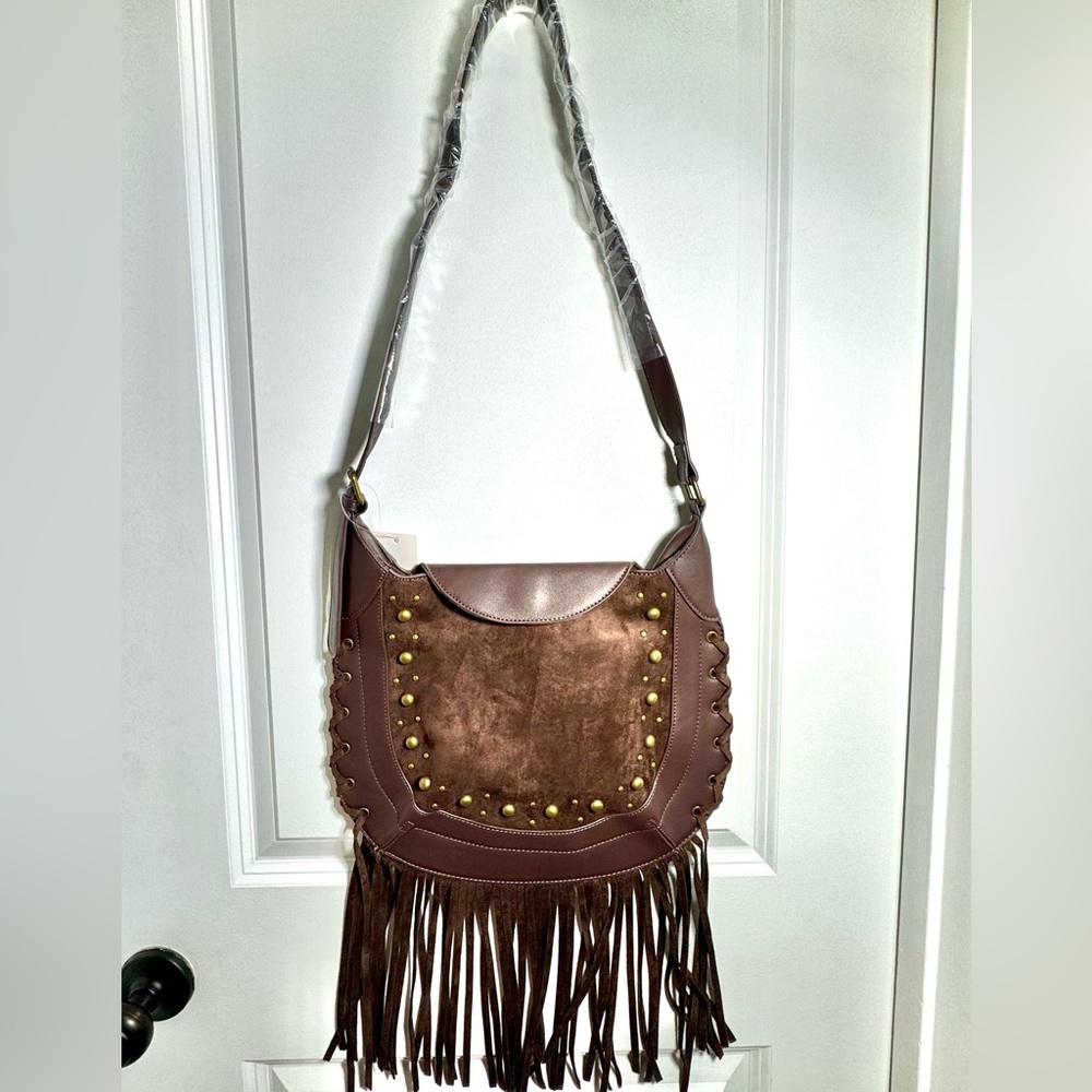 Fringe Saddle Shoulder Bag in Dark Brown